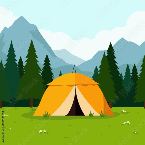 Classic orange camping tent in a green forest with mountains  
