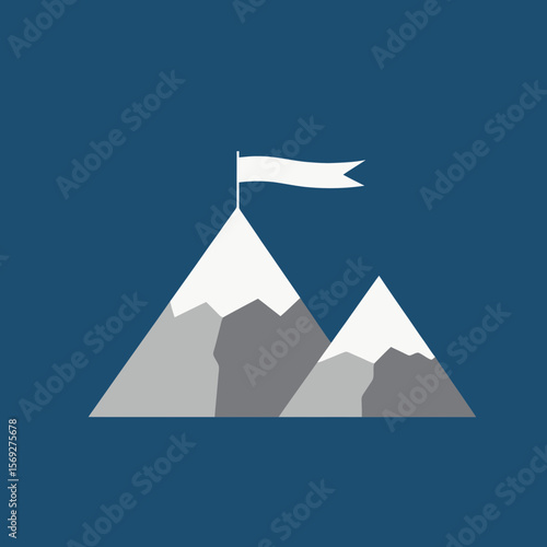 Stylized mountain peaks with flag on blue background  