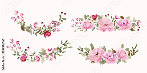 beautiful pink floral border watercolor collection; pink floral composition set