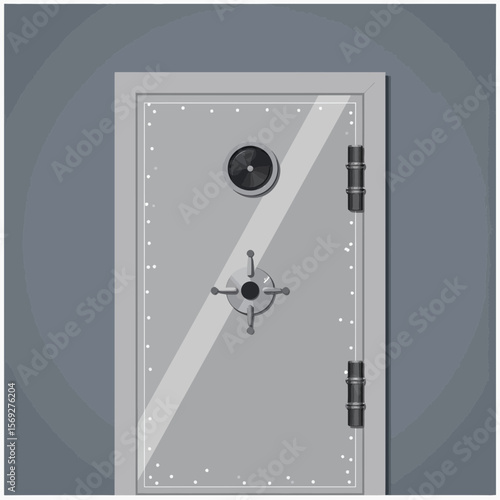 Safe door with combination lock on grey background  
