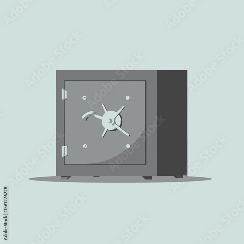 Safe with secure lock in minimalist design on pale blue background  