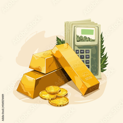 Gold bars, coins, and calculator on beige background  