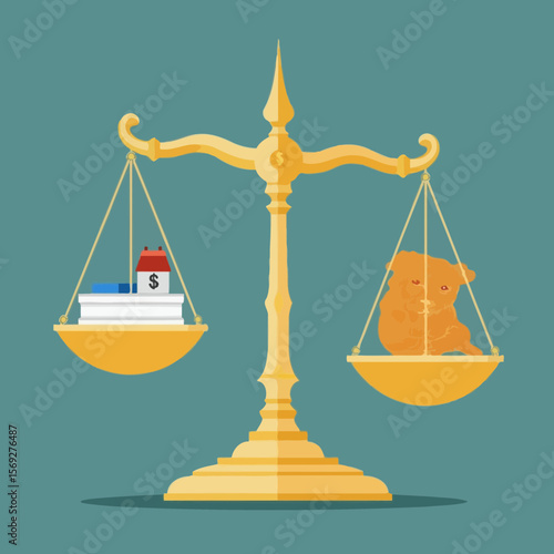 Golden balance scale weighing money and teddy bear on teal background  