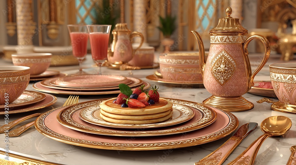 Naklejka premium Luxury Breakfast Pancakes with Royal Table Setting.