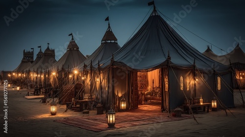 Luxury Desert Camp Night with Arabian Tents, and Travel.