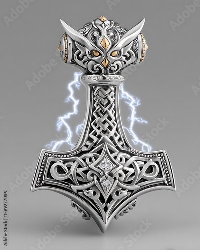 Mythical hammer tattoo radiating thunder power picture