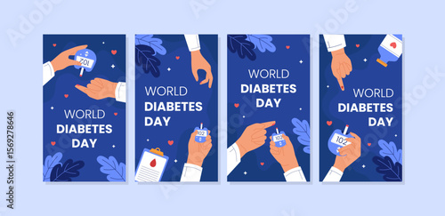 Flat design World Diabetes Day social media template. Clean illustration blood glucose meter, health icons. Perfect for awareness banners, social media, and medical campaigns.
