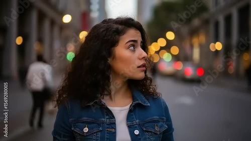 A woman with curly hair looks anxiously over her shoulder She is wearing a denim jacket in an urban environment at twilight There are cars and buildings visible