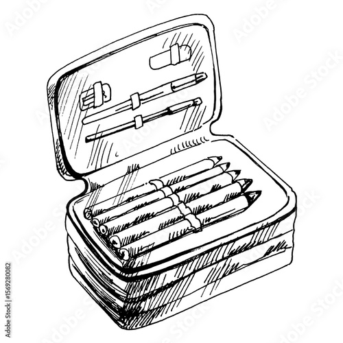 Hand-drawn school, office supplies. Detailed retro style school pencil case sketch.⁠
