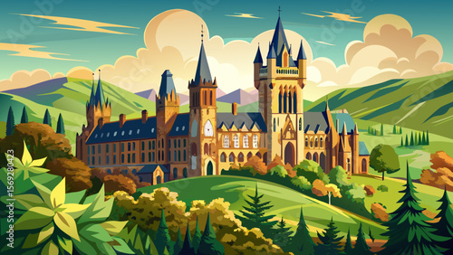 University of Glasgow, Scotland – Towering Gothic architecture and ivy-clad stones create a dreamlike academic castle rising from the green hills.