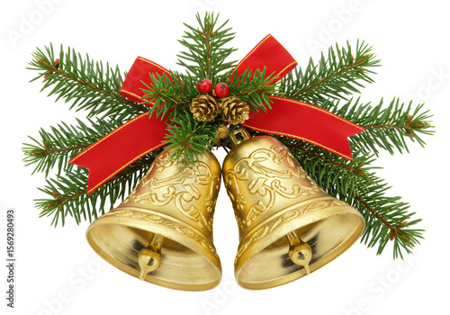 Isolated Golden Christmas Bells with Pine and Ribbon