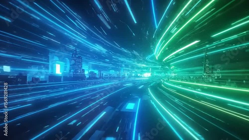 Abstract blue and green light streaks converge A tunnel effect conveys speed motion or a digital journey Bright vibrant colors contrast powerfully creating a futuristic dynamic background