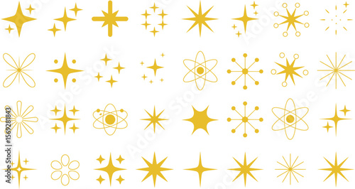 Golden starburst vector set, sparkling and shining star icons collection design