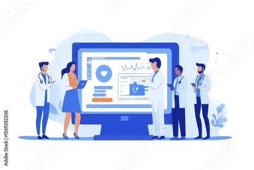 Healthcare discussion among medical professionals in clinic setting digital health technology overview collaborative environment