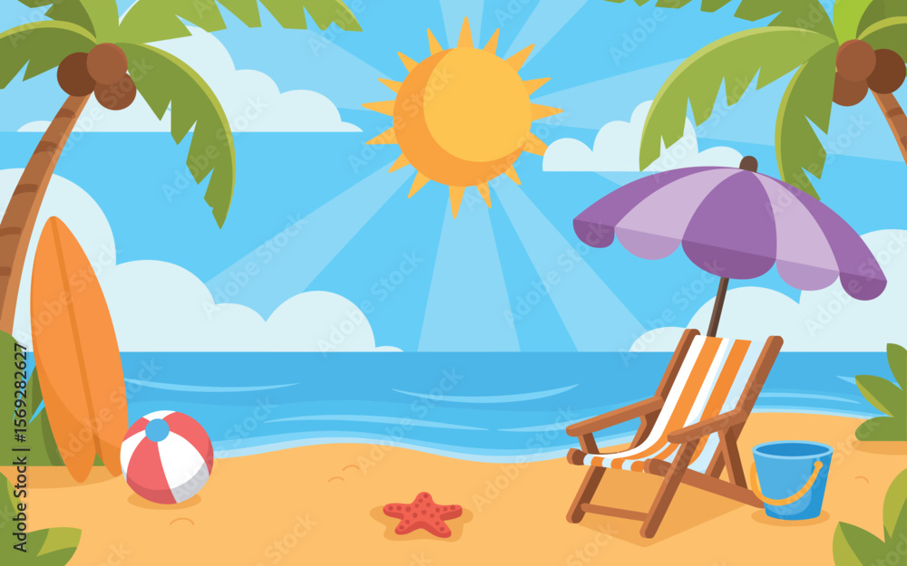 Obraz premium Beach vacation illustration with palm trees and summer beach elements