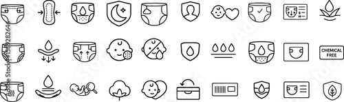 Baby Diaper Features Icon Set – Absorbency, Comfort, Safety and Eco-Friendly Elements | Editable Stroke Icons.