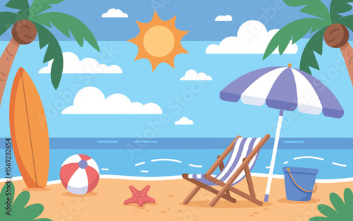 Beach vacation summer holiday tropical scene illustration vector art