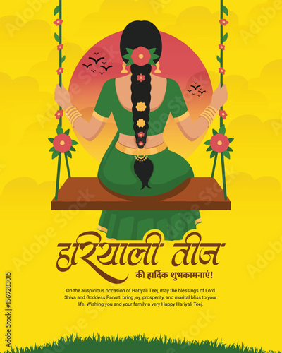 Happy Hariyali Teej Festival Celebration with Lord Shiva and Goddess Parvati Illustration for Monsoon Season and Traditional Hindu Festival Post