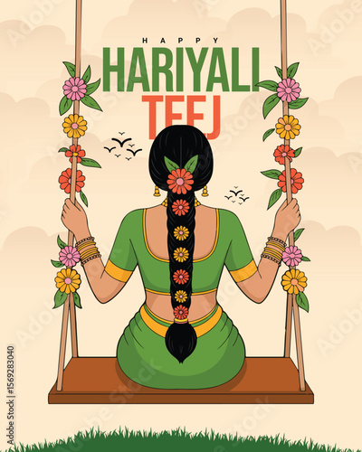 Happy Hariyali Teej Festival Celebration with Lord Shiva and Goddess Parvati Illustration for Monsoon Season and Traditional Hindu Festival Post