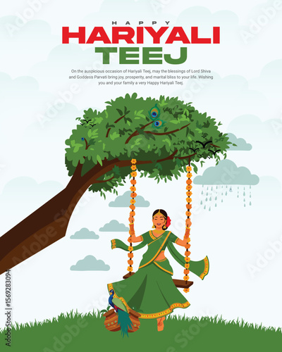 Happy Hariyali Teej Festival Celebration with Lord Shiva and Goddess Parvati Illustration for Monsoon Season and Traditional Hindu Festival Post