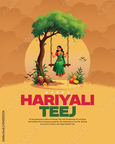 Happy Hariyali Teej Festival Celebration with Lord Shiva and Goddess Parvati Illustration for Monsoon Season and Traditional Hindu Festival Post
