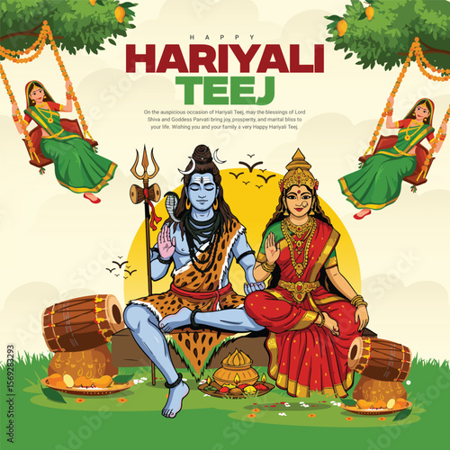 Happy Hariyali Teej Festival Celebration with Lord Shiva and Goddess Parvati Illustration for Monsoon Season and Traditional Hindu Festival Post