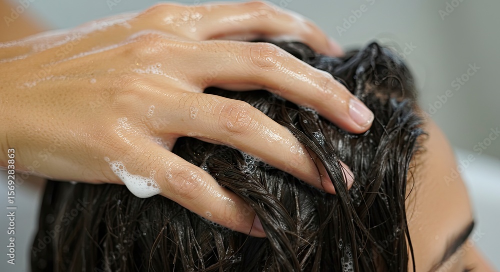 Naklejka premium Soapy hand washing dark hair