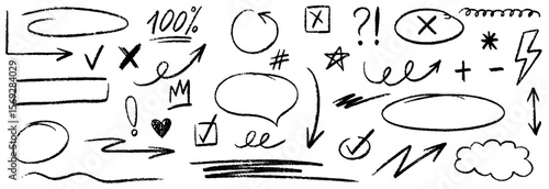 Hand drawn pencil text underline, oval, chalked arrows, check marks. Doodle charcoal stroke emphases, arrow, highlight, speech bubble elements. Marker, pen brush stroke. Vector illustration