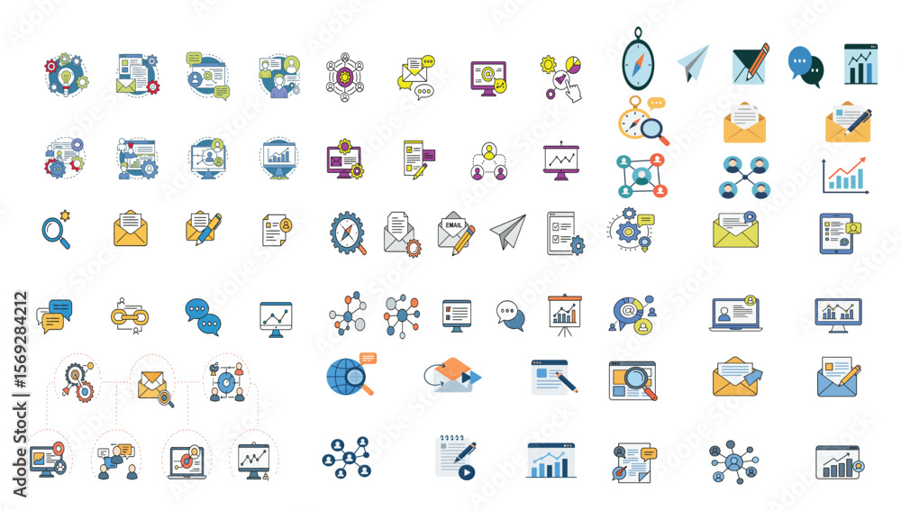 Fototapeta premium Digital Marketing Icons Flat Clean Set on White Background.