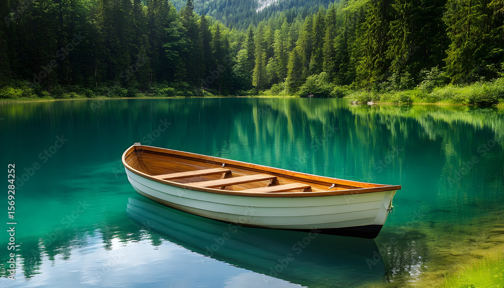Rowboat Floating on Turquoise Lake Surrounded by Forest, Illustrating Serenity and Summer Vacation Rowboat Floating on Turquoise Lake Surrounded by Forest, Illustrating Serenity and Summer Vacation