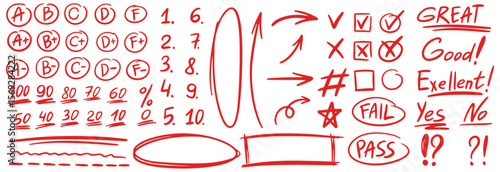 Exam grade test red pen mark set. Marker school test results different hand drawn signs. Teacher scores of student homework. Vector handwritten scribble marker academic symbols on white background