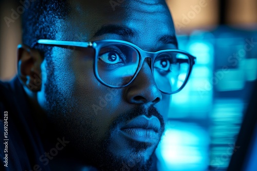 Black male cybersecurity analyst analysing AI cyberspace threats on a computer in a dark tech office data centre. Blue lighting enhances the ethical hacking process, Generative AI