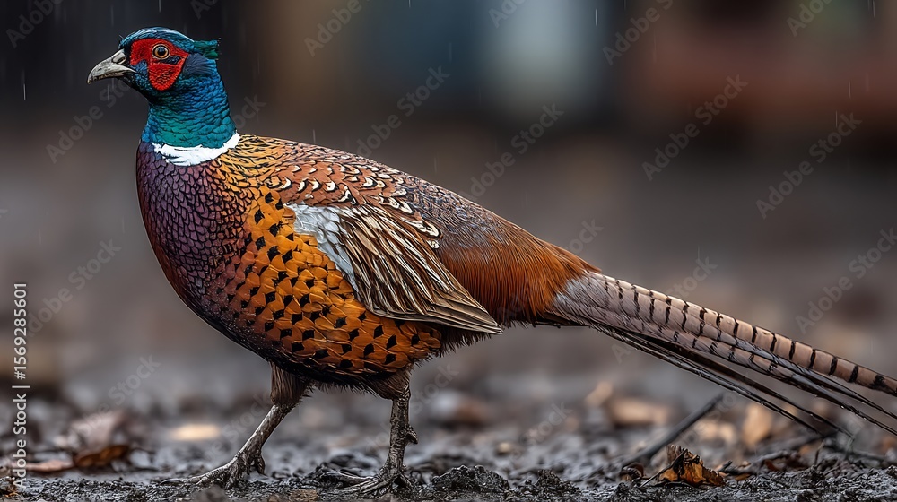Fototapeta premium Male Ringnecked Pheasant in Rain.