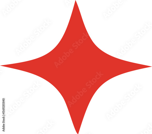 A striking four pointed red star shape with curved inward edges isolated on a clean white background symbolizing brilliance and energy