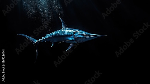 Striking image of a marlin swimming in a dark underwater environment.