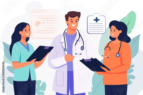 Healthcare professionals collaborating on patient care clinic digital illustration bright environment eye-level view teamwork