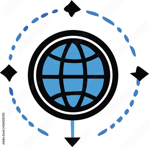 Abstract global network connection with compass points and orbiting blue dotted lines