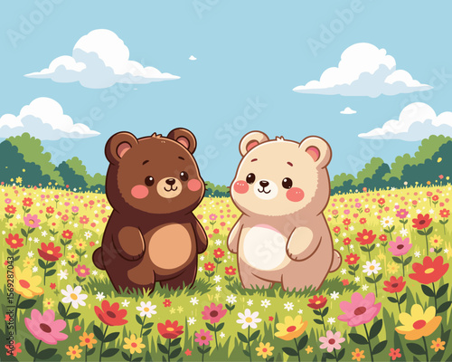 Two adorable, chubby bears, one brown and one beige, chilling in a vibrant, colorful meadow with a clear sky.
