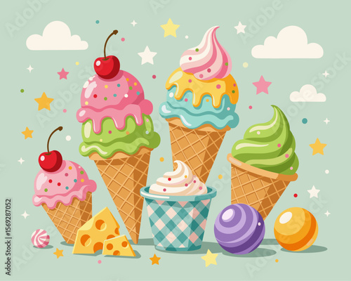 Colorful ice cream cones and cupcakes, surrounded by a bunch of playful pastel stars and balls on a minty background.