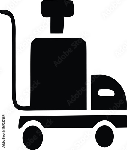 Stylized black silhouette of a luggage cart with a large suitcase or trunk being transported on its platform
