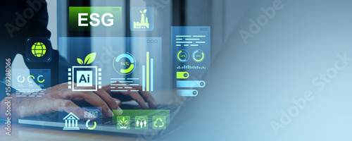 Fotografie ESG digital dashboard interface concept with sustainability and environmental metrics on transparent screen over businessman typing on laptop in office