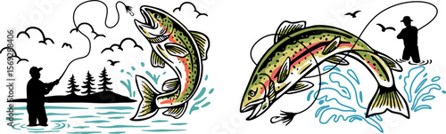 Hand-drawn fishing scene vector illustrations. Jumping trout and an angler casting a rod.