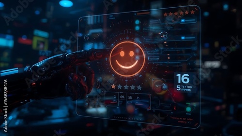 Futuristic Cyberpunk Interface with Neon Rating and Hand Selecting Happy Face