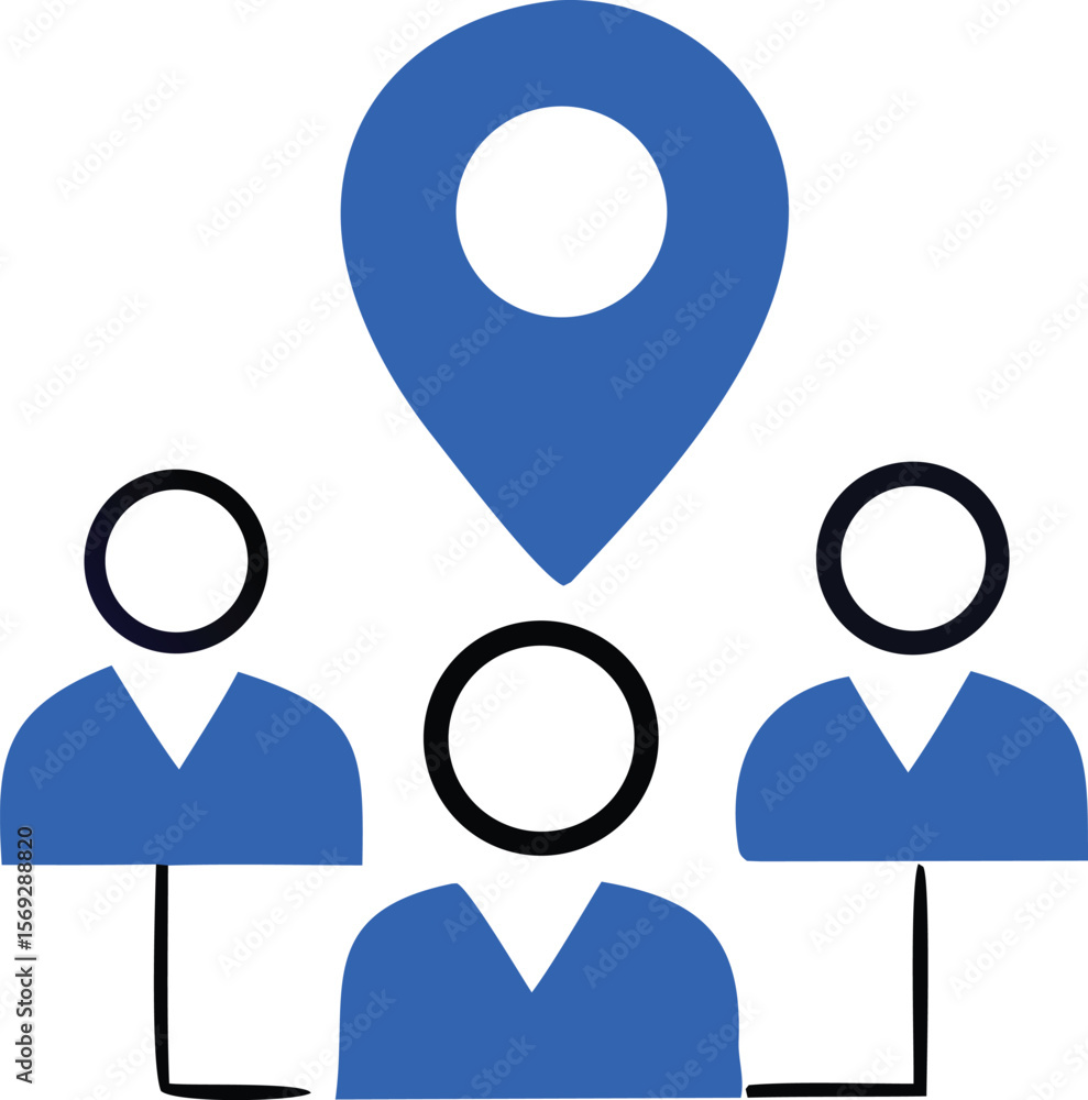 Abstract representation of people gathered around a central location pin symbolizing community connection and shared destination Abstract representation of people gathered around a central location pin symbolizing community connection and shared destination