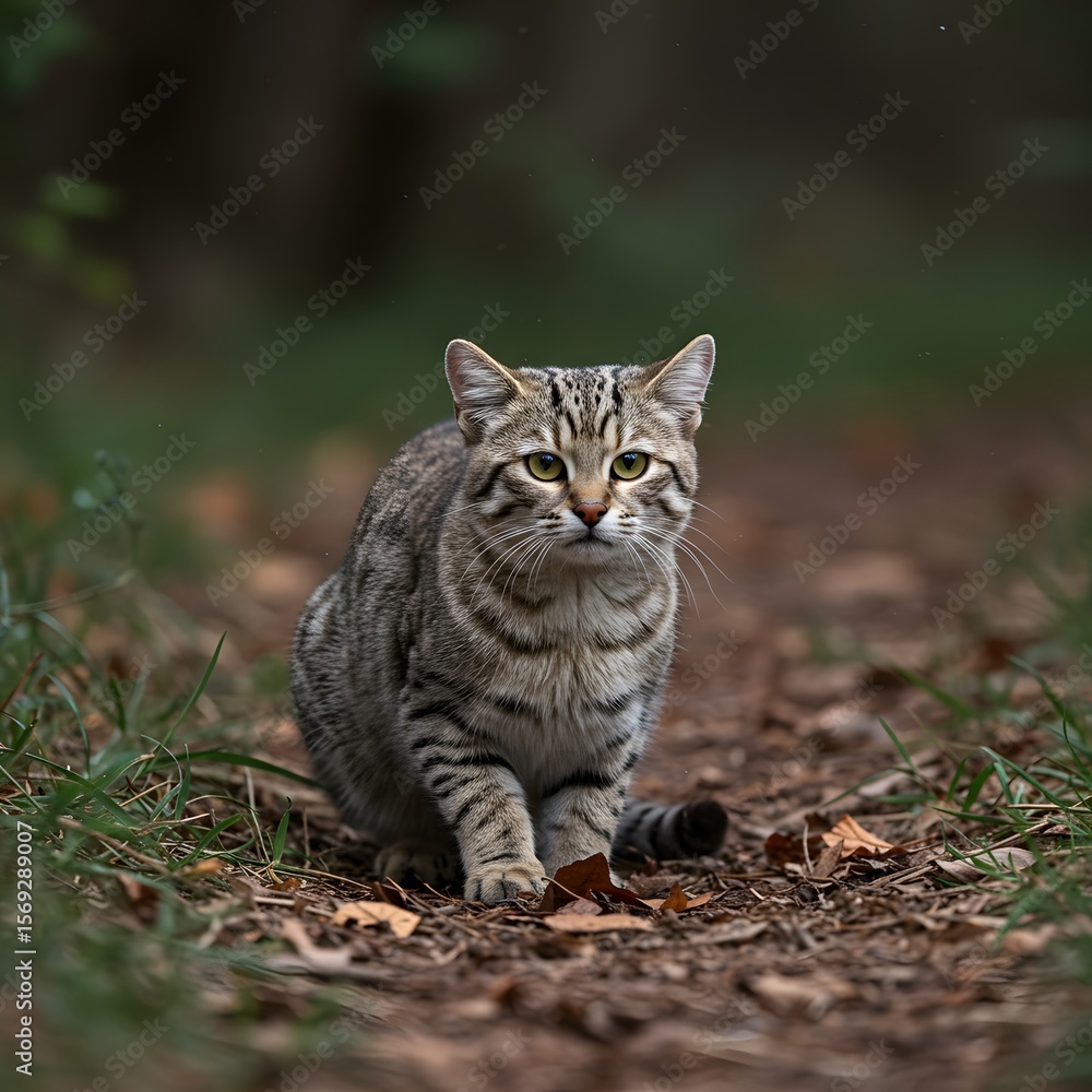 Naklejka premium Gray Striped Cat in Forest
