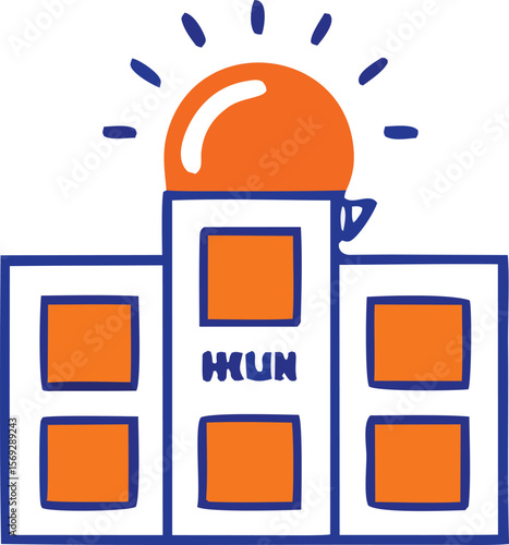 Bilde på lerret A stylized illustration of a building with orange windows and a glowing orange s