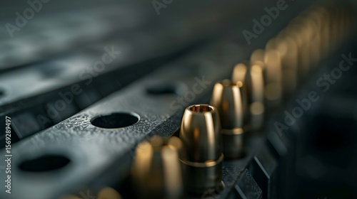 Row of Brass Bullets in Ammunition Clip, Detailed
