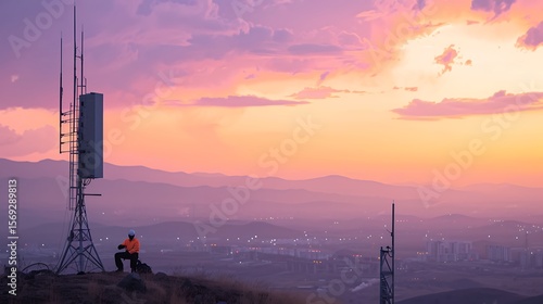 Telecom tower technician at sunset overlooking city