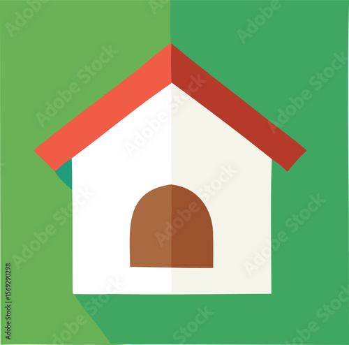 Simple stylized illustration of a white doghouse with a red roof and a brown arched doorway set against a vibrant green background