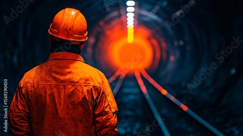 Miner in Orange Safety Gear Facing Glowing Tunnel